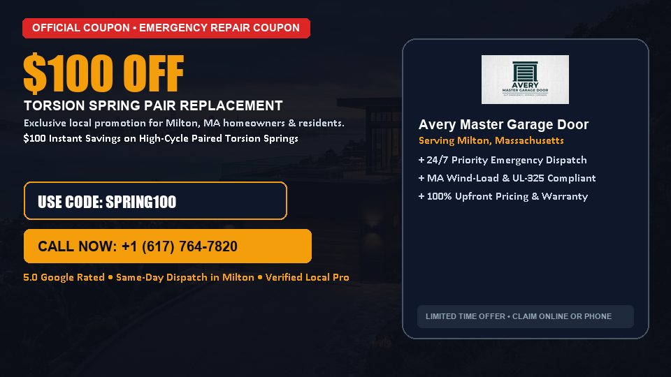 Avery Master Garage Door $100 OFF Dual Torsion Spring Replacement in Milton, MA